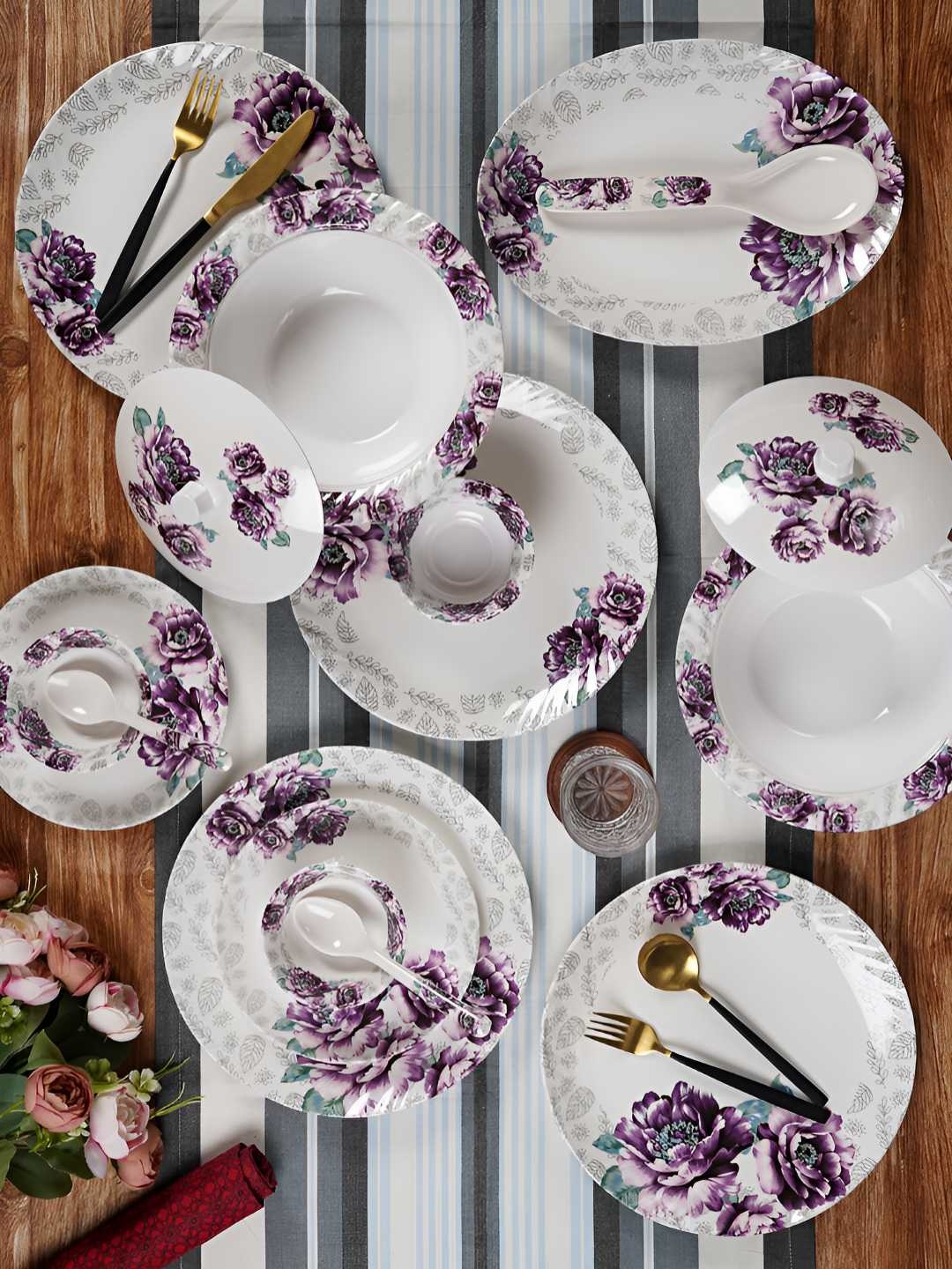 

CDI White & Purple 41 Pieces Floral Printed Melamine Glossy Dinner Set