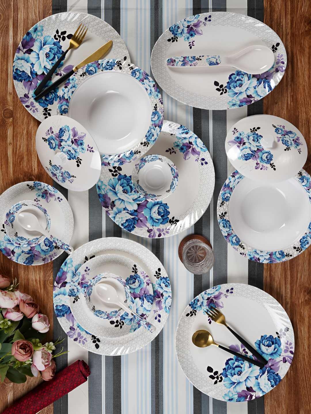 

CDI White & Blue 41 Pieces Floral Printed Melamine Glossy Dinner Set