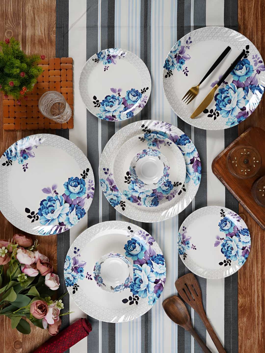 

CDI White & Blue 18 Pieces Floral Printed Melamine Glossy Dinner Set