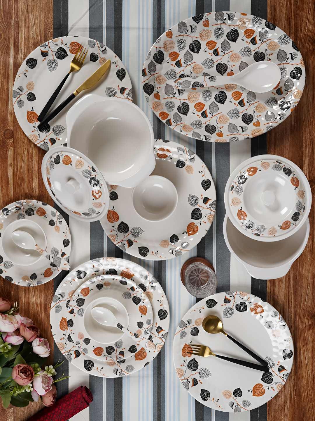 

CDI White & Grey 41 Pieces Floral Printed Melamine Glossy Dinner Set