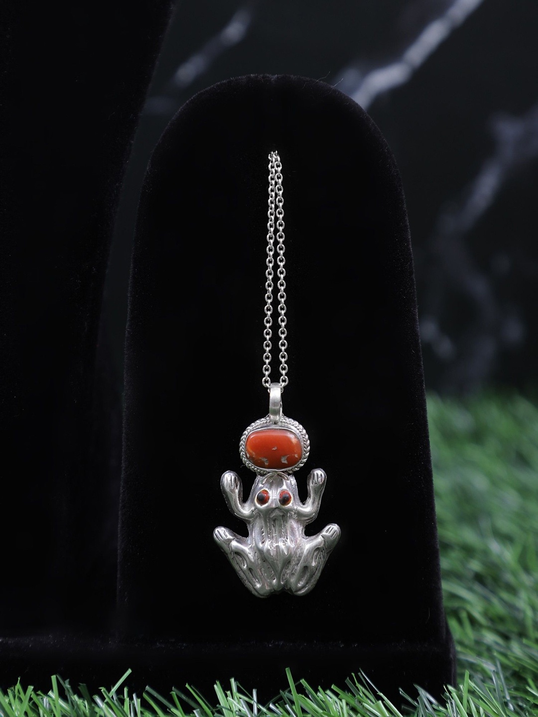 

Exotic India Coral Gemstone Sterling Silver Frog Pendant