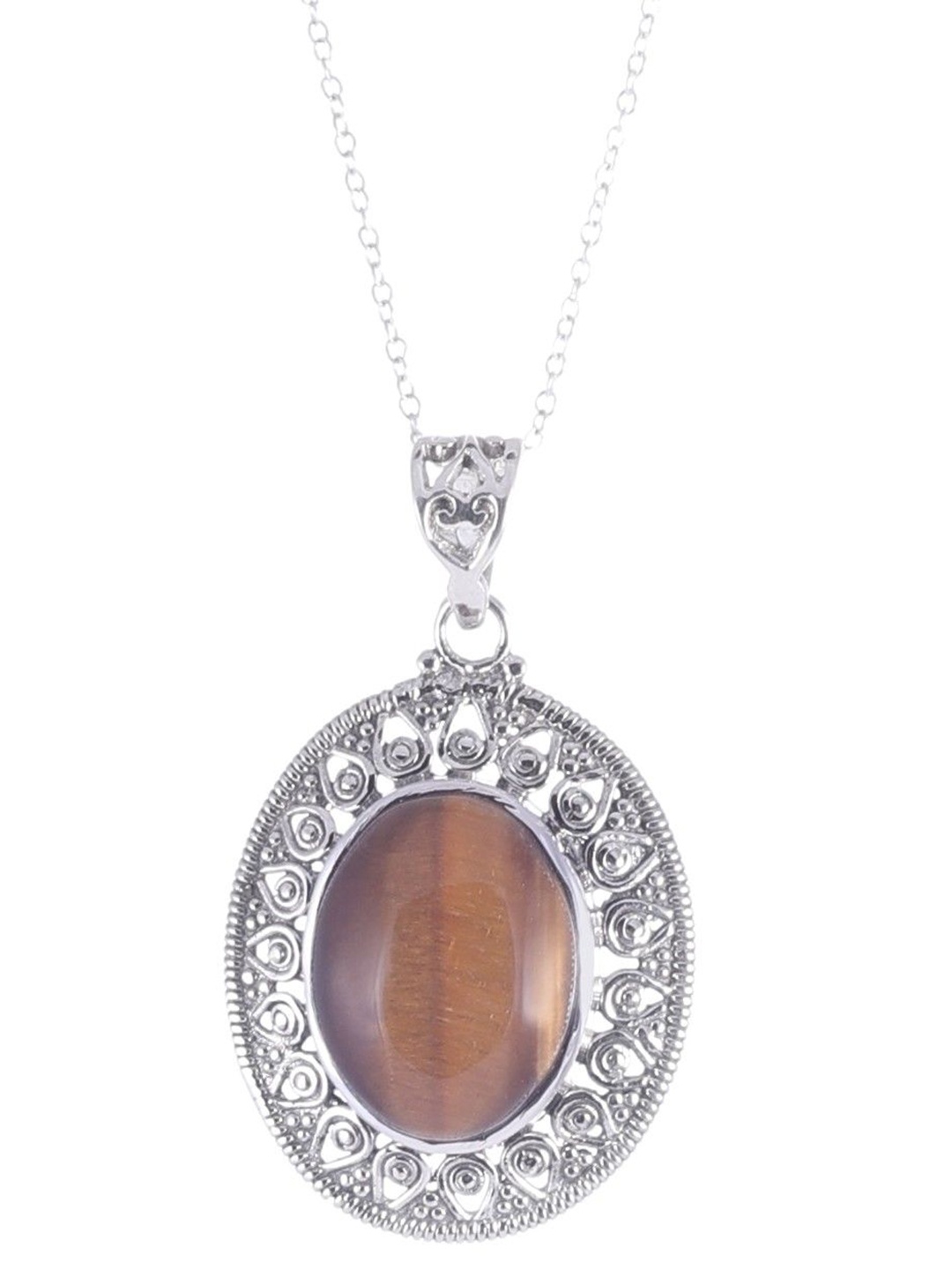 

Exotic India Tiger-Eye Gemstone Sterling Silver Oval Pendant