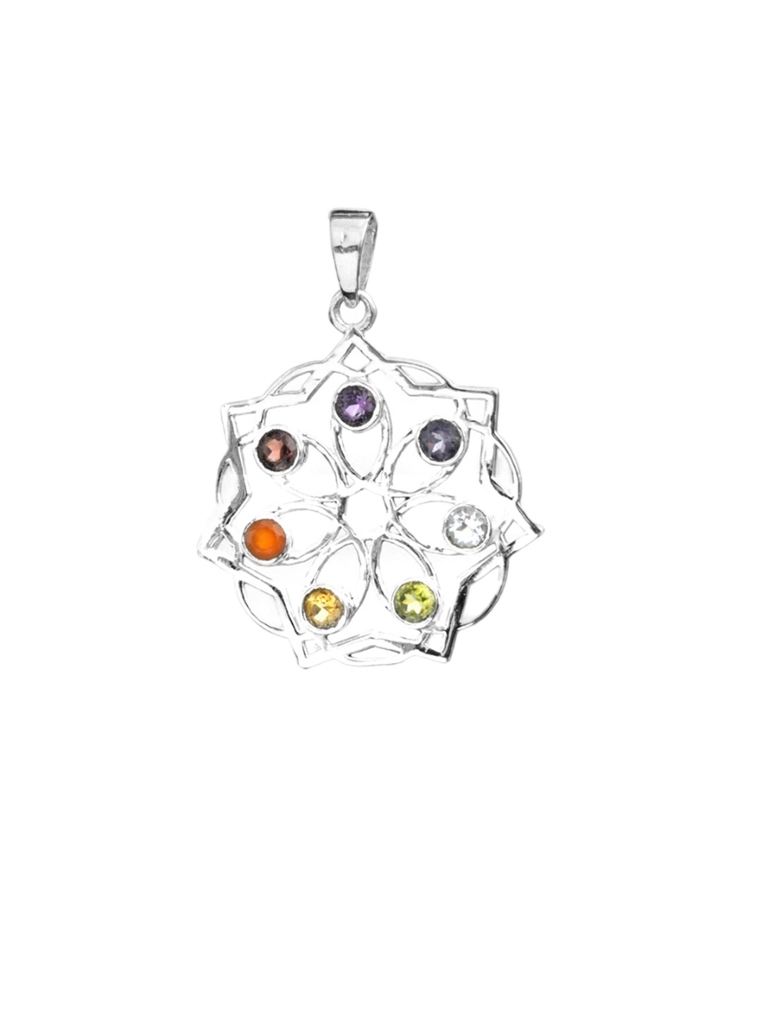 

Exotic India Faceted Gemstone Flower Sterling Silver Pendant