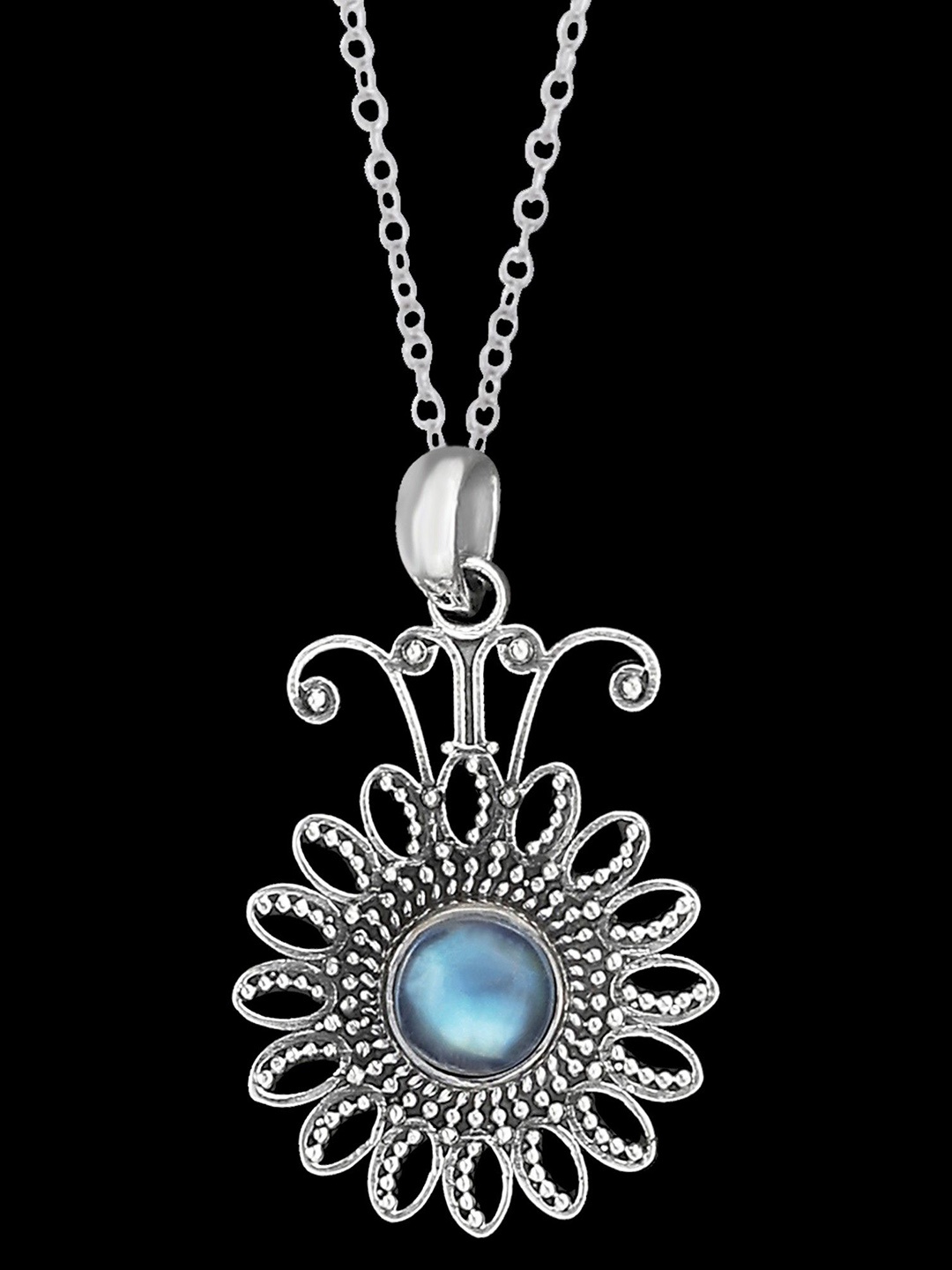 

Exotic India Rainbow Moonstone Sterling Silver Flower Shaped Pendant