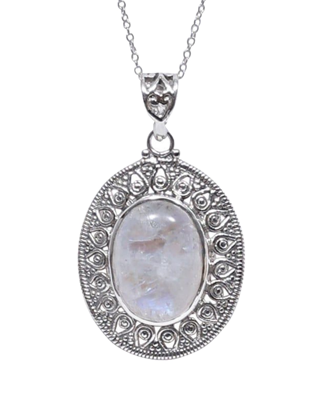 

Exotic India Rainbow Moonstone Gemstone Sterling Silver Oval Pendant