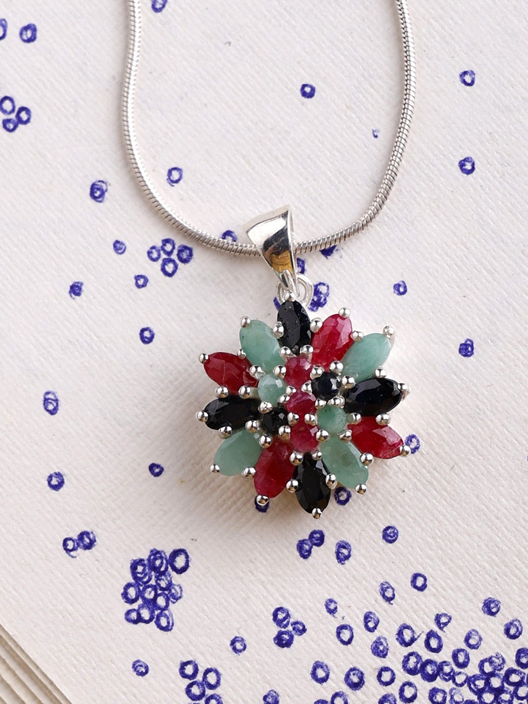 

Exotic India Sapphire, Ruby & Emerald Gemstone Tri-Color Floral Pendant, Silver