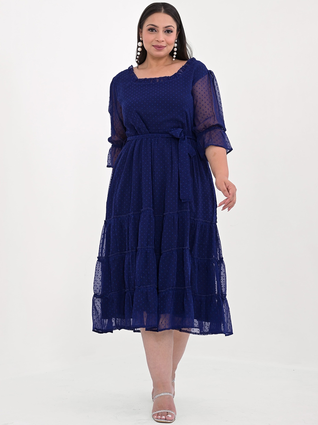 

Kaheksa Frilled Neck Fit & Flare Tiered Plus Size Midi Dress, Blue