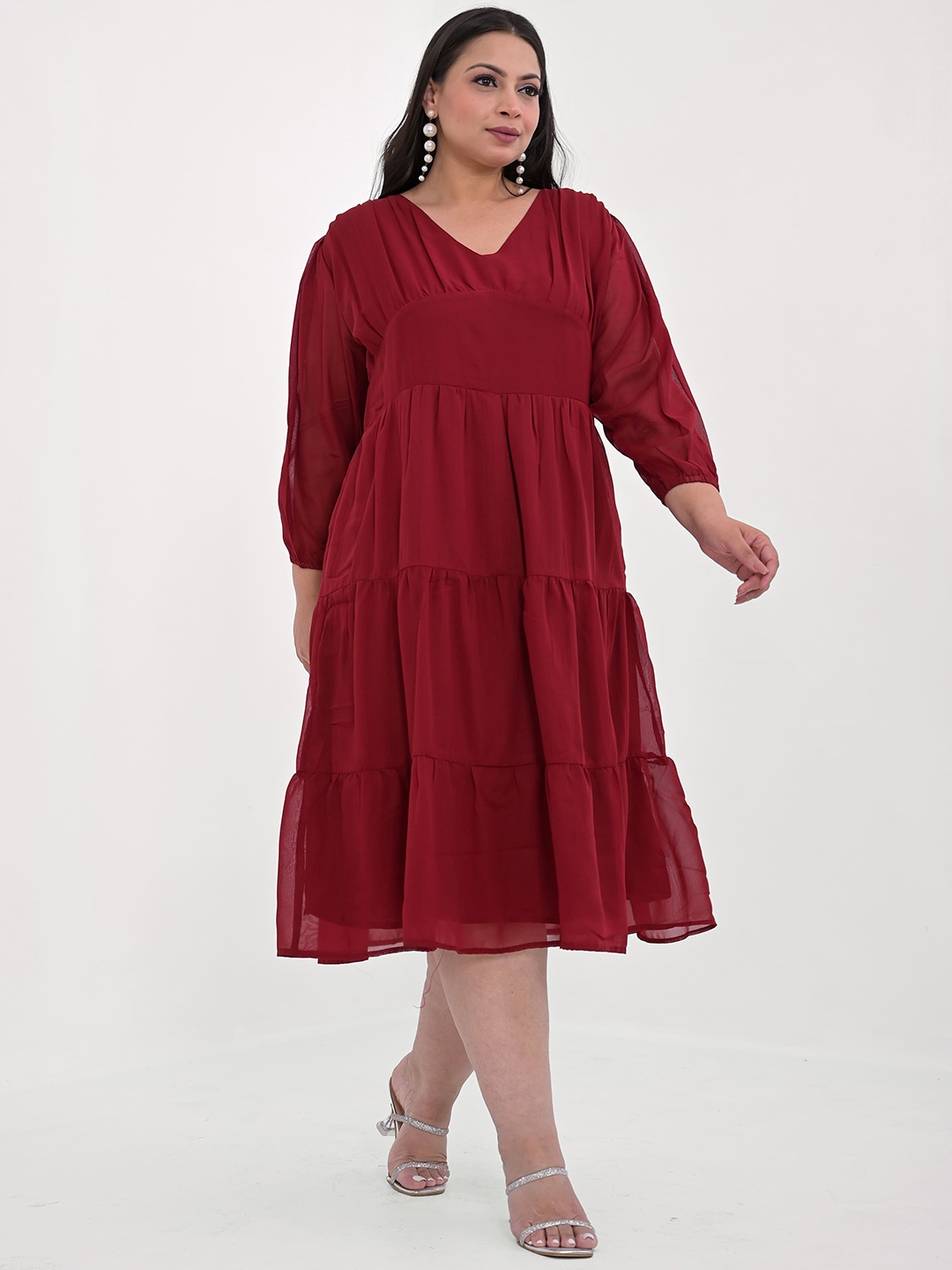 

Kaheksa Georgette Puff Sleeve Empire Midi Dress, Maroon