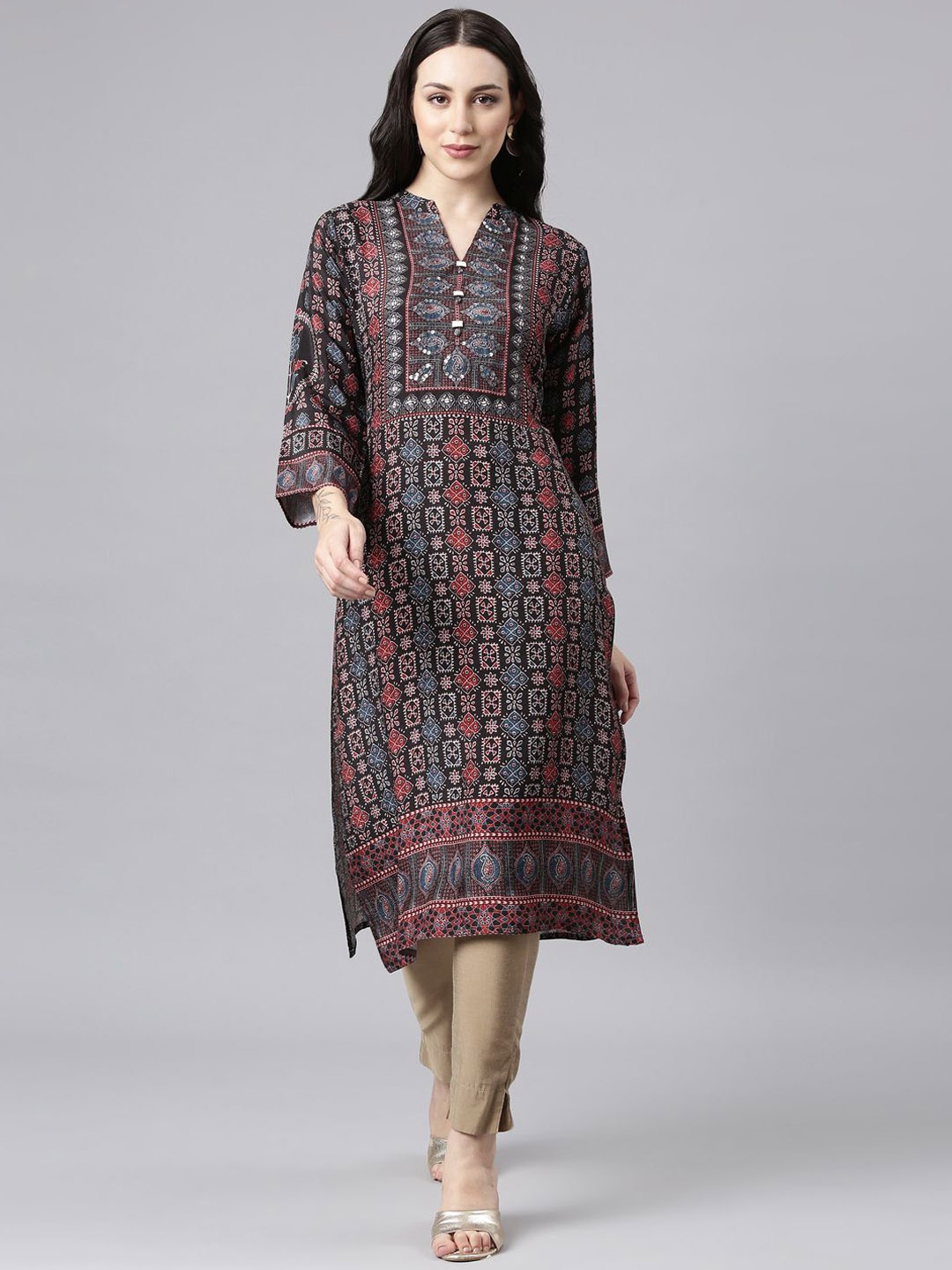 

Neerus Mandarin Collar Ethnic Motifs Printed Sequinned Straight Kurta, Black
