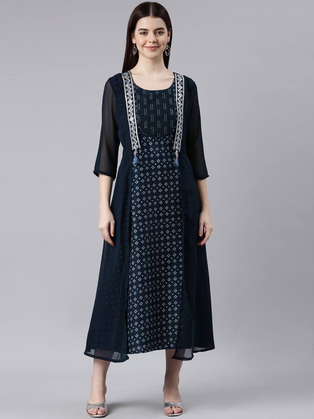 

Neerus Round Neck Geometric Thread Work Georgette A-Line Kurta, Navy blue