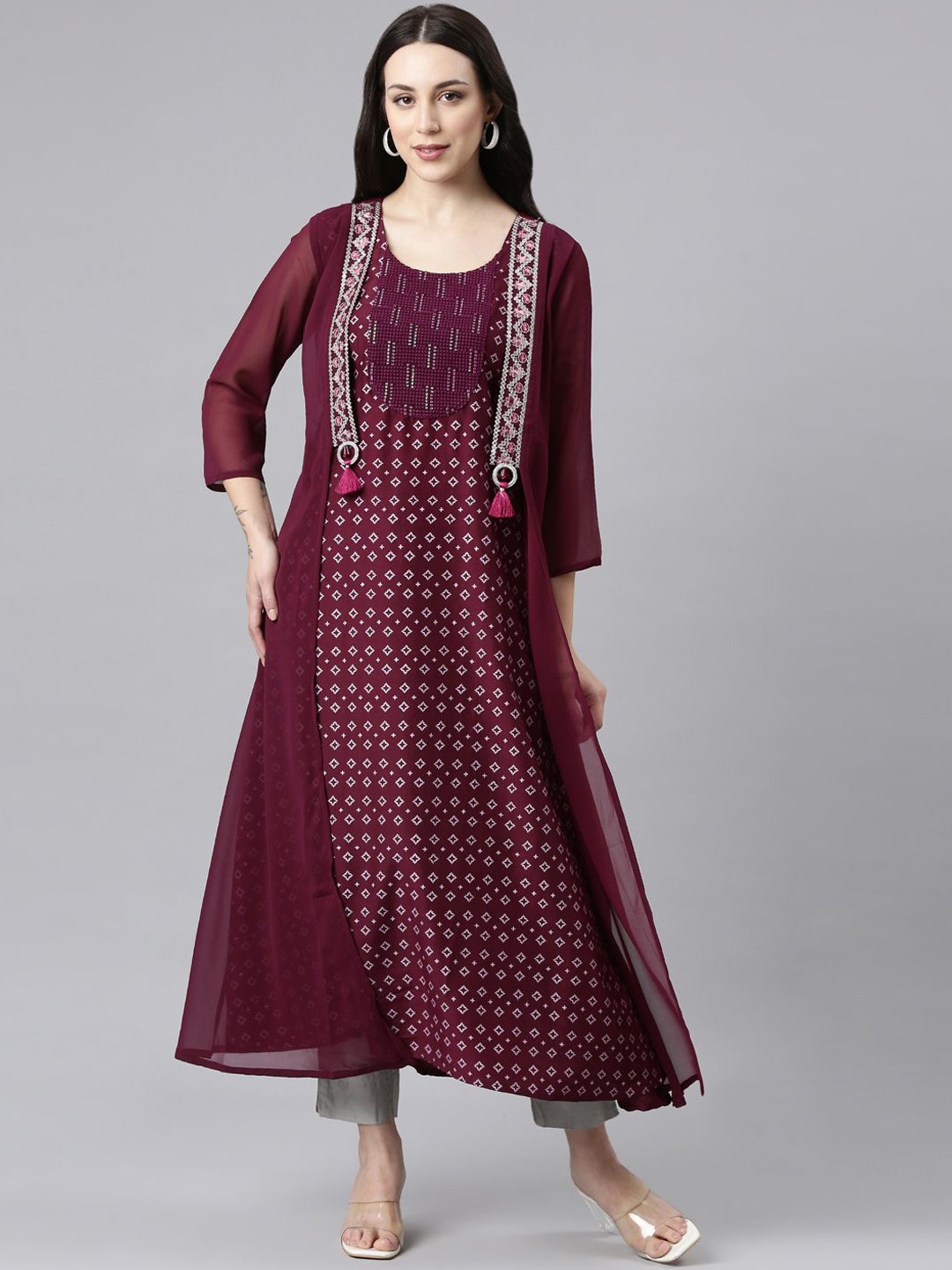 

Neerus Geometric Embroidered Thread Work Georgette Kurta, Purple