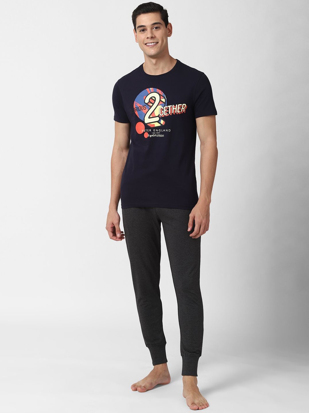

Peter England Typography Printed Pure Cotton T-shirt & Pyjamas, Navy blue