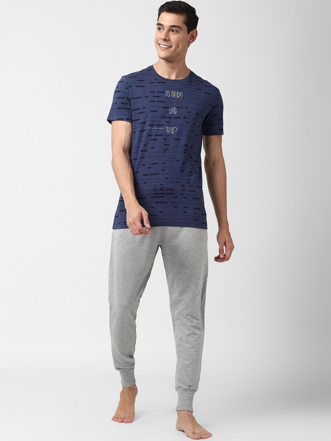 

Peter England Typography Printed Pure Cotton T-shirt & Pyjamas, Navy blue