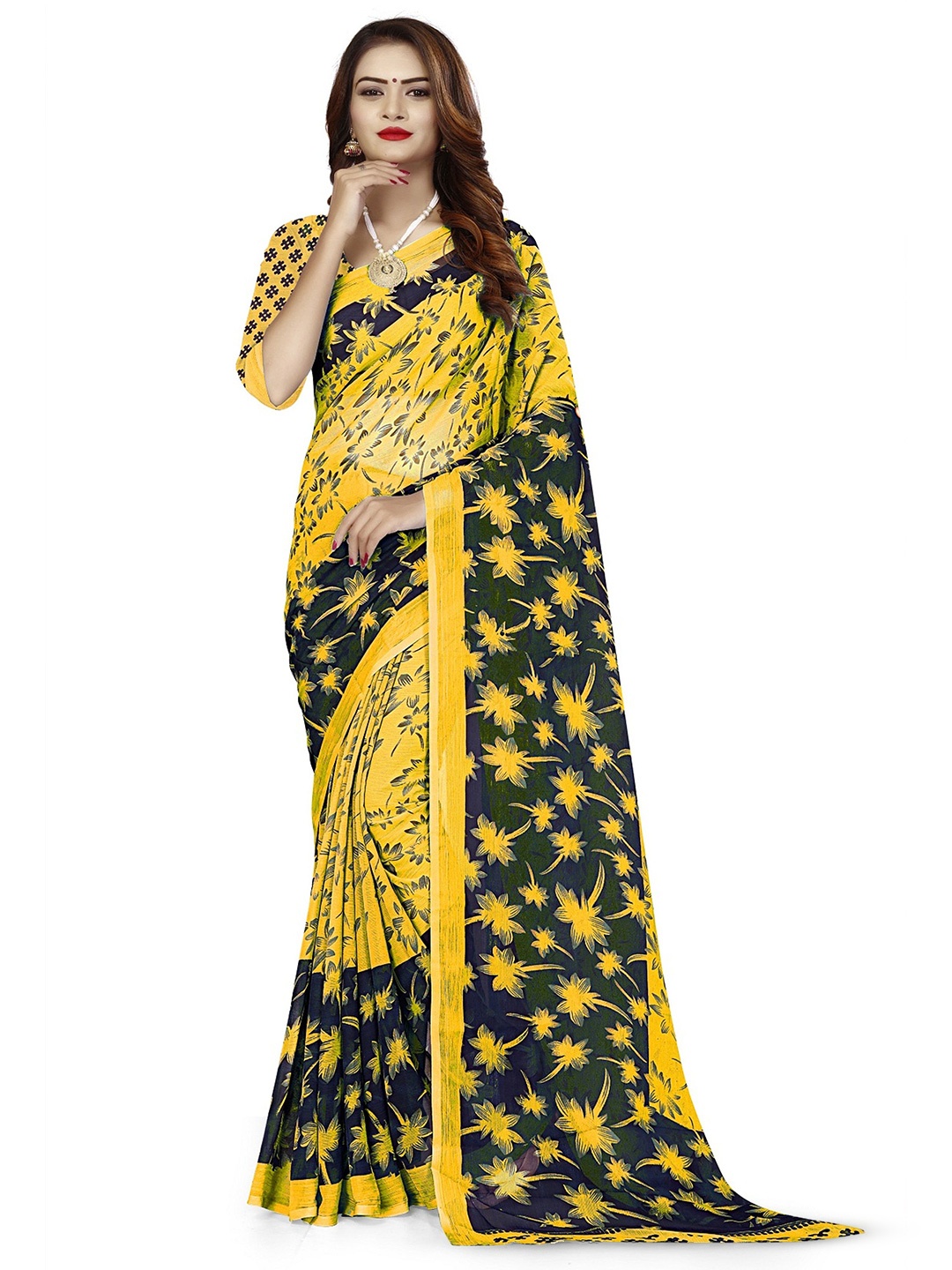RUNAYA NX Floral Pure Georgette Saree, Yellow
