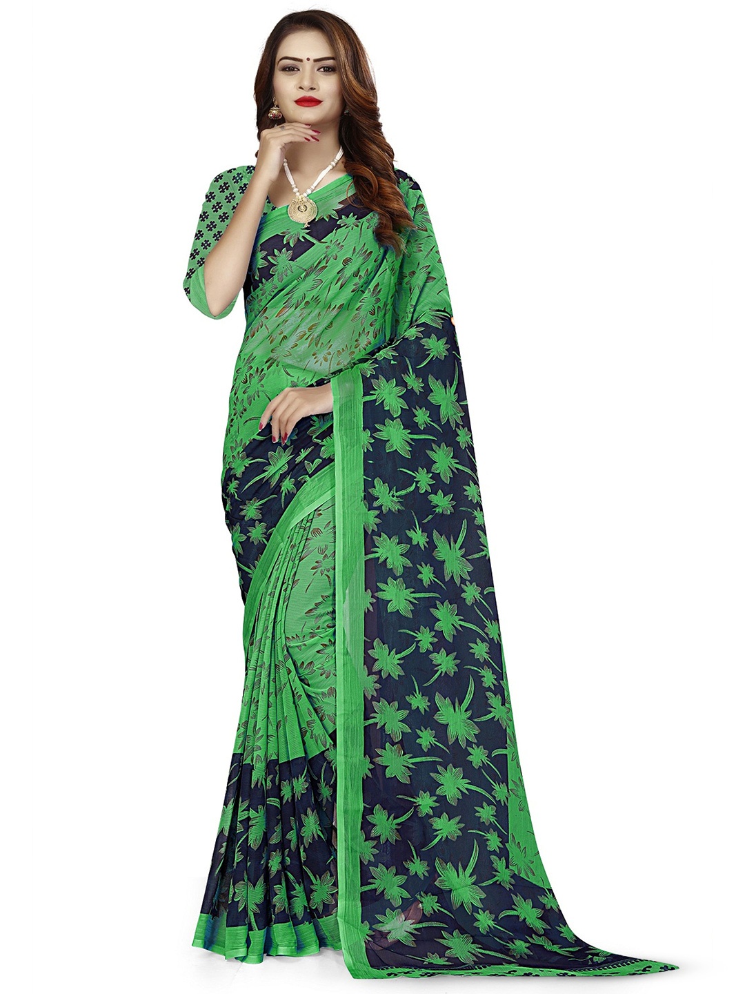 

RUNAYA NX Floral Pure Georgette Saree, Navy blue