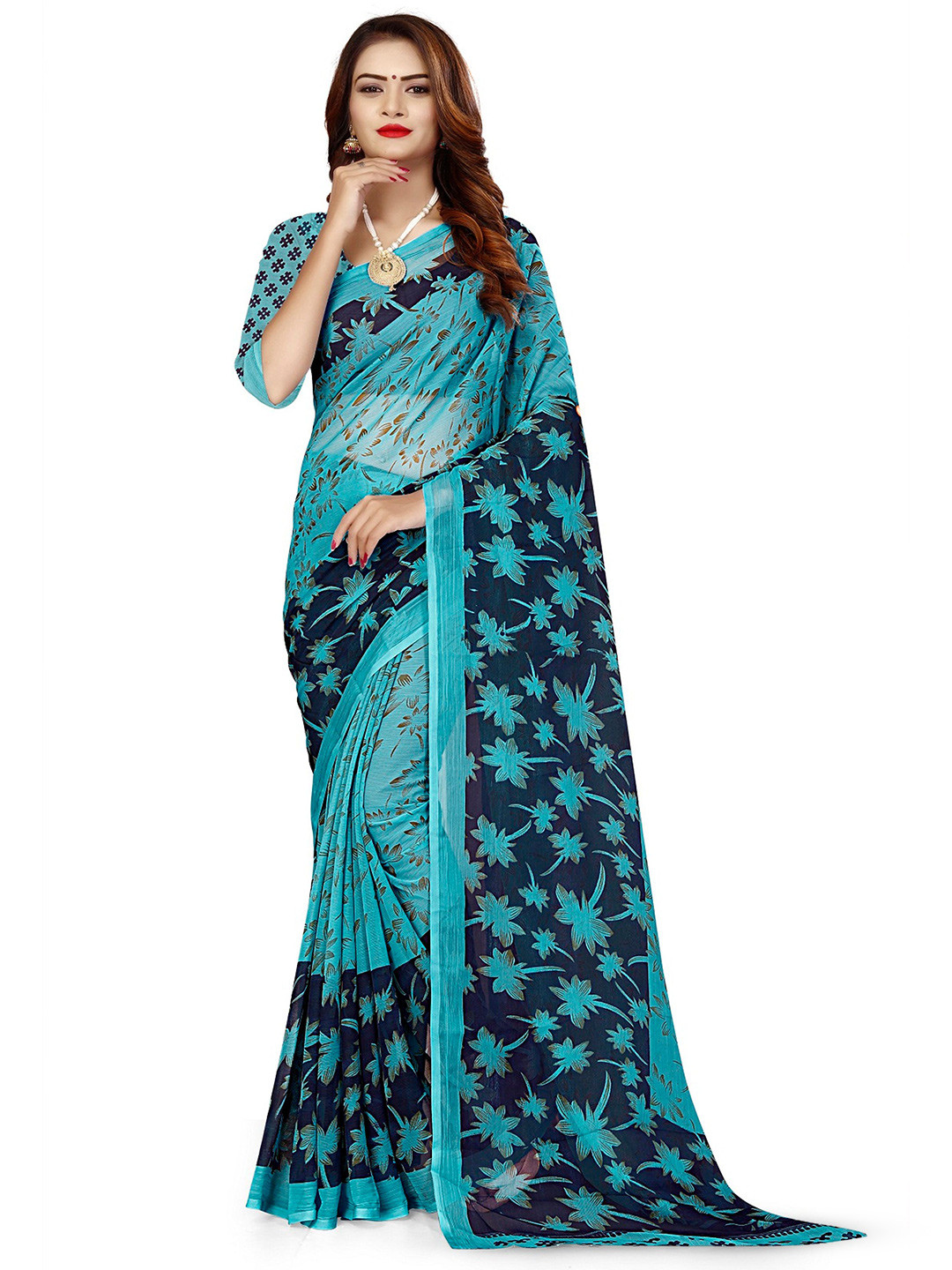 

RUNAYA NX Floral Printed Pure Georgette Saree, Blue