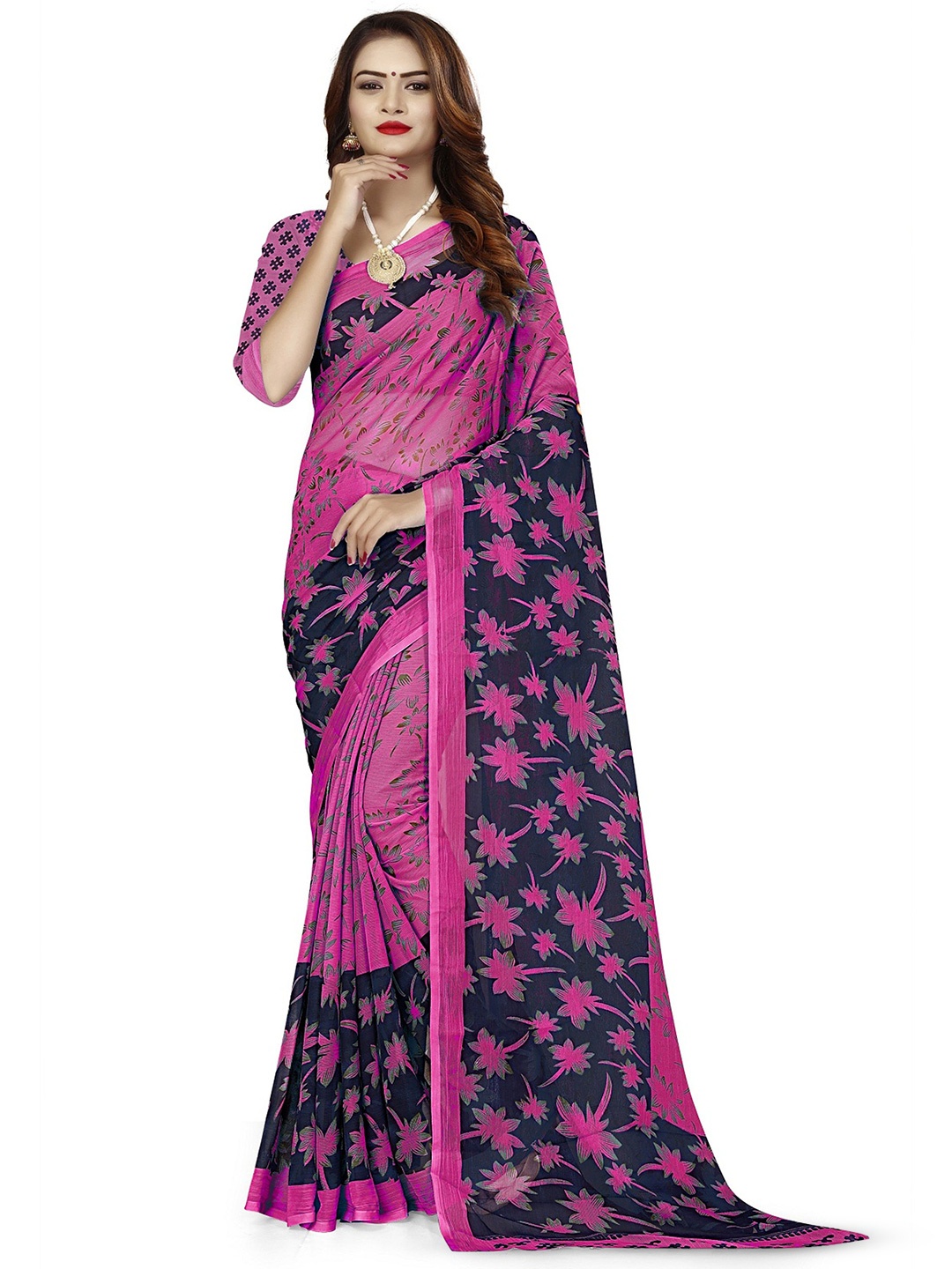 

RUNAYA NX Floral Pure Georgette Saree, Pink
