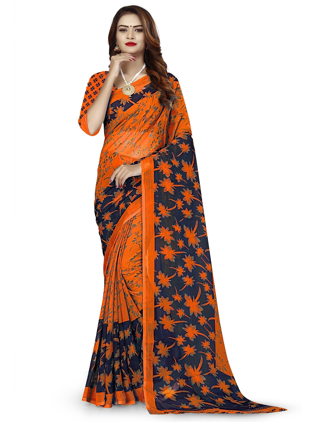 

RUNAYA NX Women Floral Pinted Pure Georgette Saree, Orange