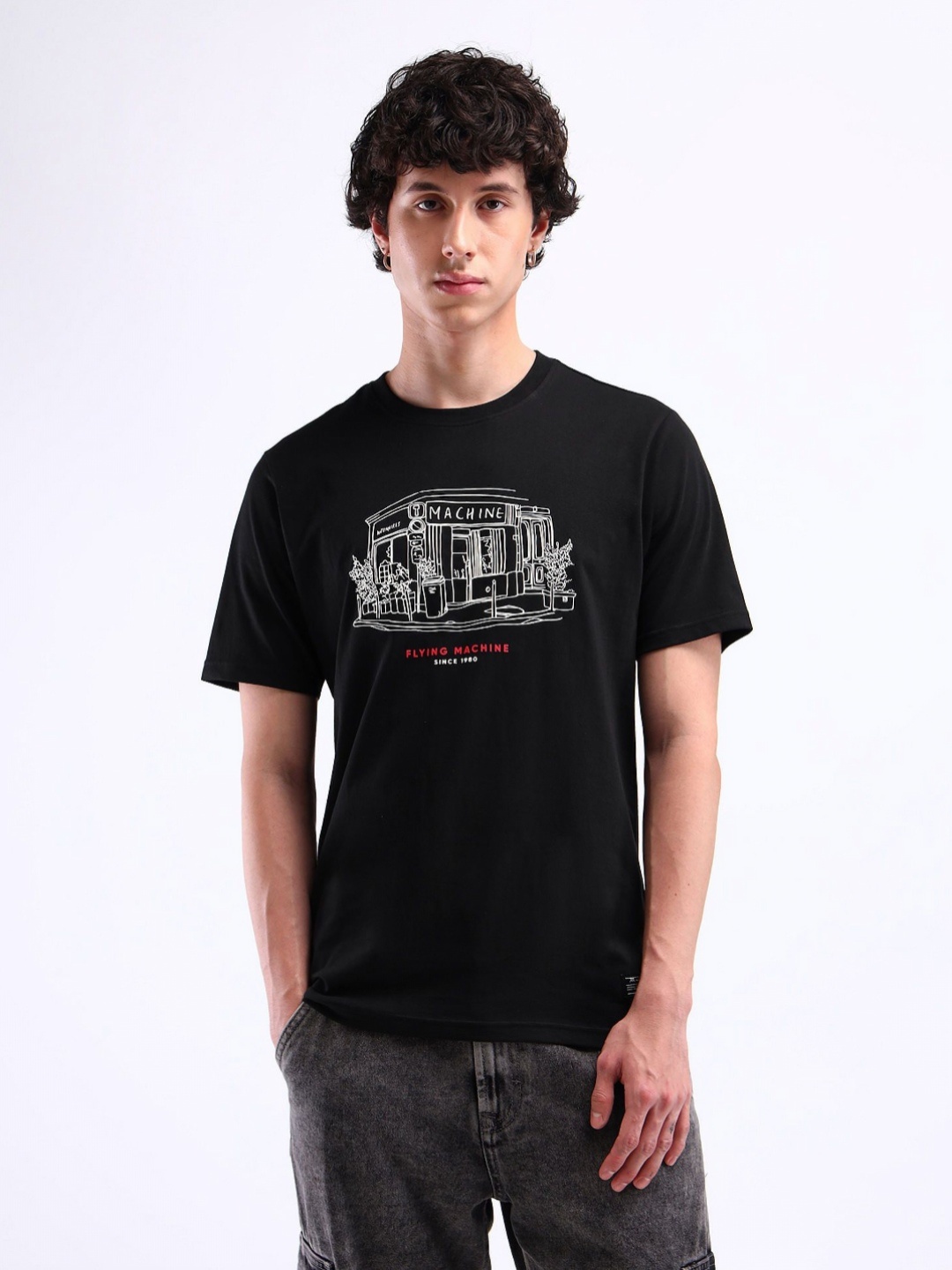 

Flying Machine Men Typography Printed Pockets T-shirt, Black