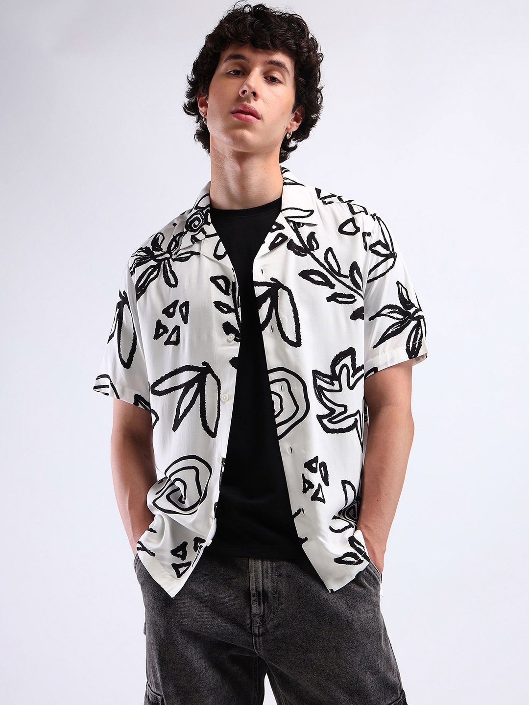 

Flying Machine Men All-Over Print Cuban Collar Shirt, White