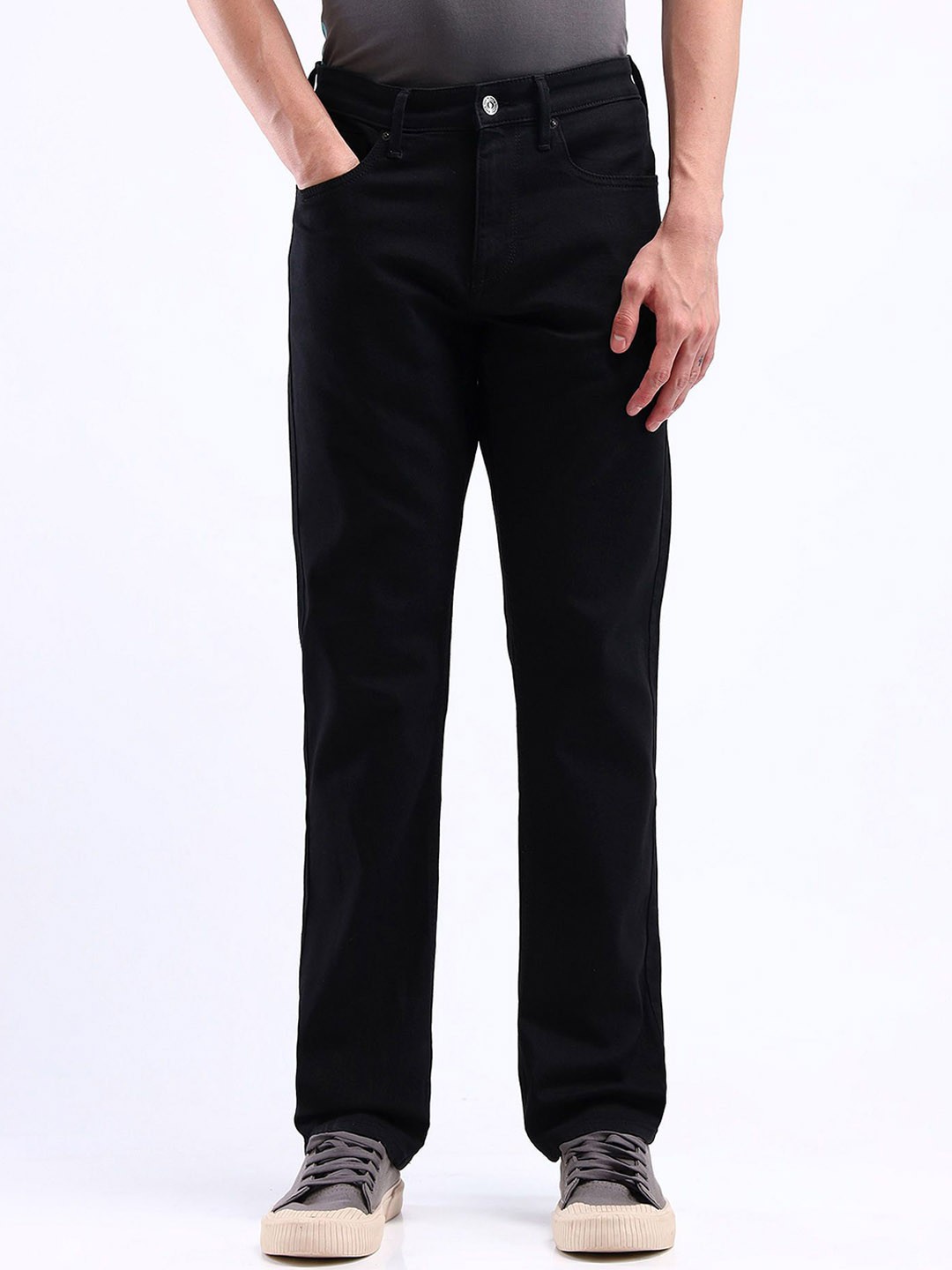

Flying Machine Men Straight Fit Mid-Rise Washed Stretchable Jeans, Black