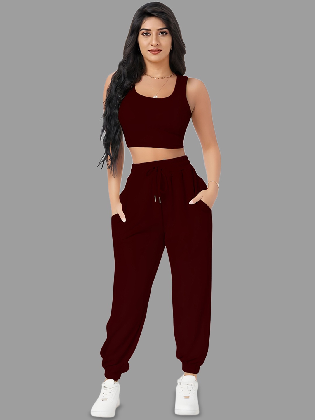 

SIDYAL Round Neck Sleeveless Crop Top With Joggers, Maroon