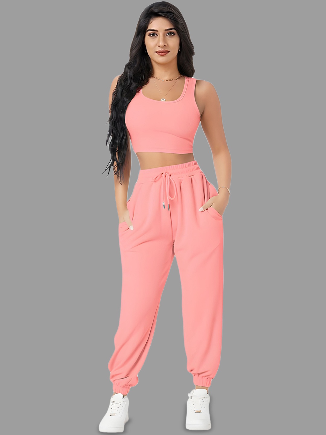 

SIDYAL Round Neck Sleeveless Crop Top With Joggers, Peach