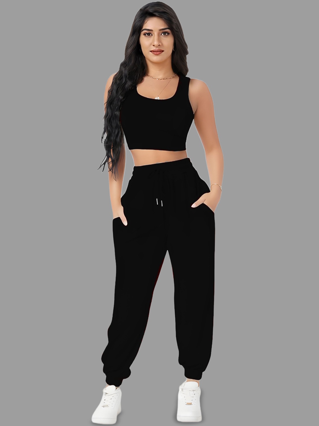 

SIDYAL Round Neck Sleeveless Crop Top With Joggers, Black