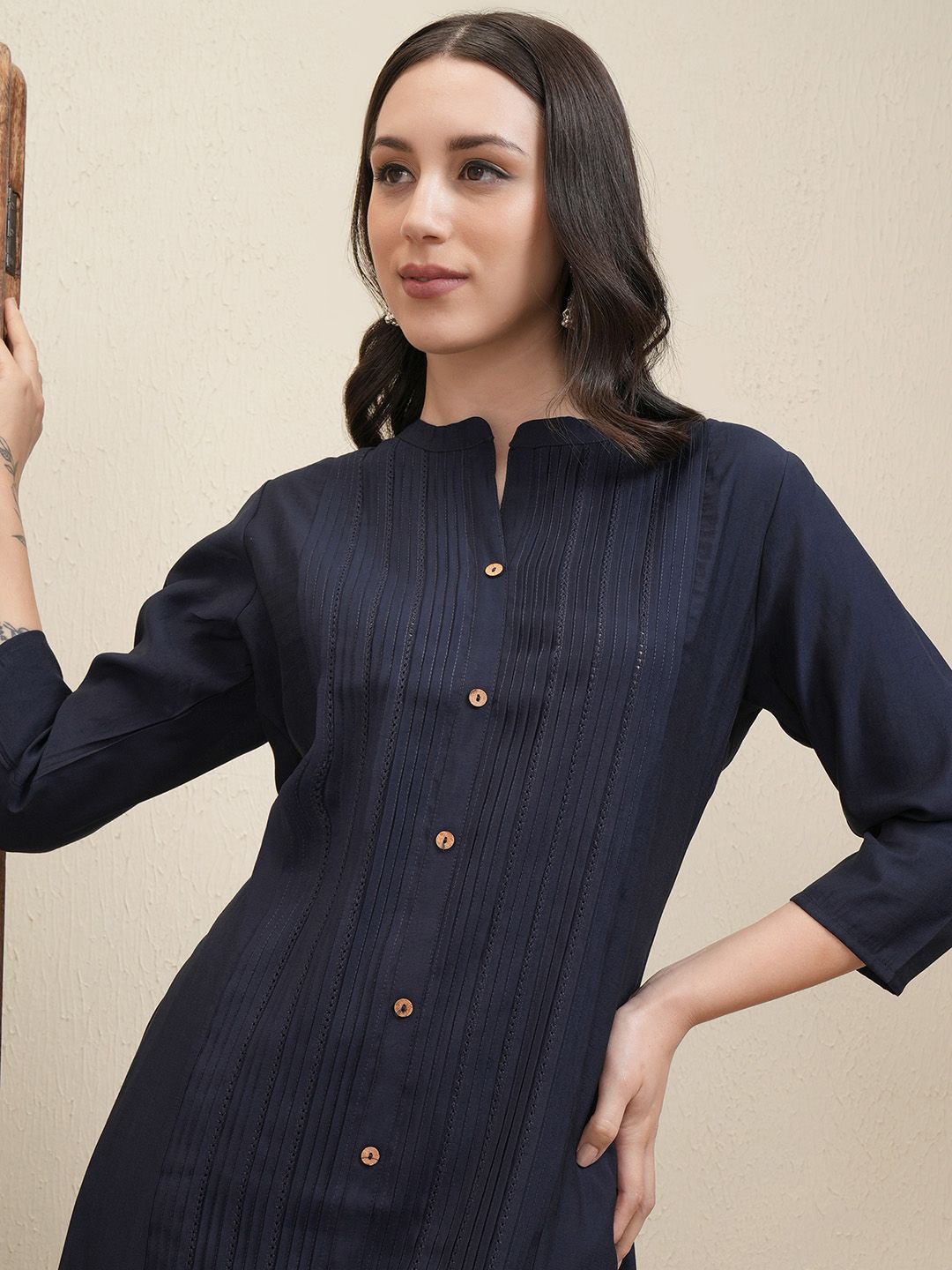 

Vishudh Navy Blue Mandarin Collar Panelled A-Line Kurta