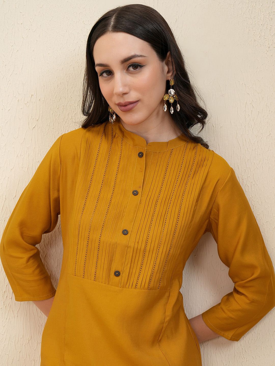 

Vishudh Mustard Yellow Mandarin Collar Pleated Straight Kurta