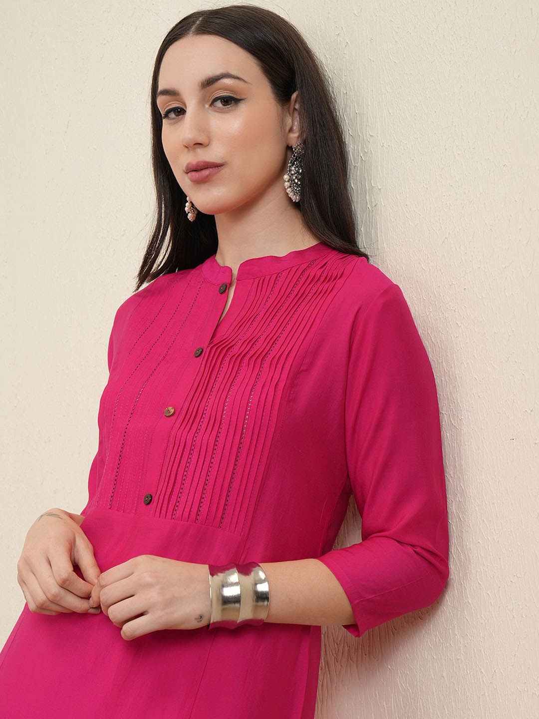 

Vishudh Pink Striped Yoke Design Mandarin Collar Straight Kurta