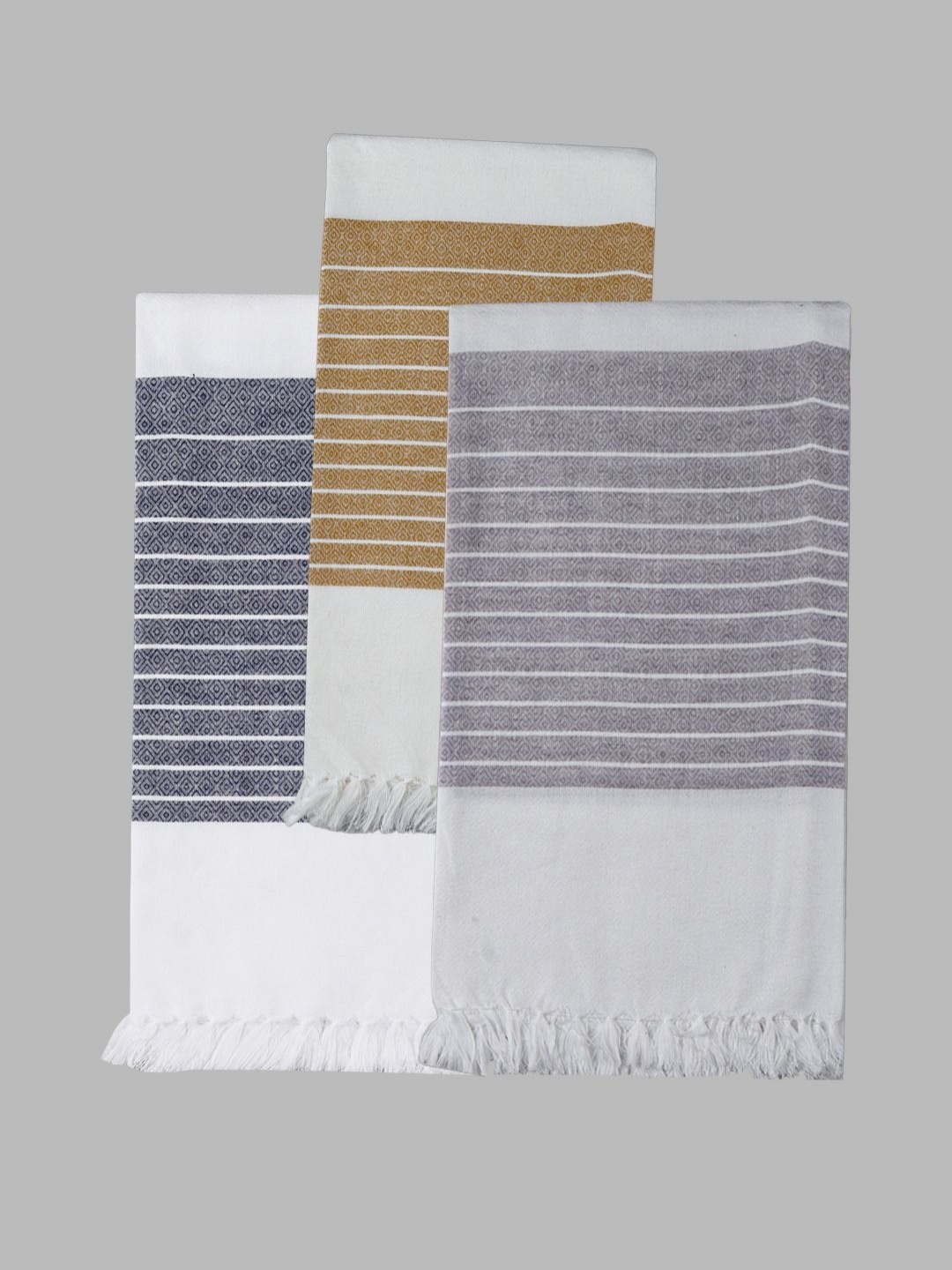 

Ramraj Grey & Navy Blue 3 Piece Striped Pure Cotton 170 GSM Towel Set