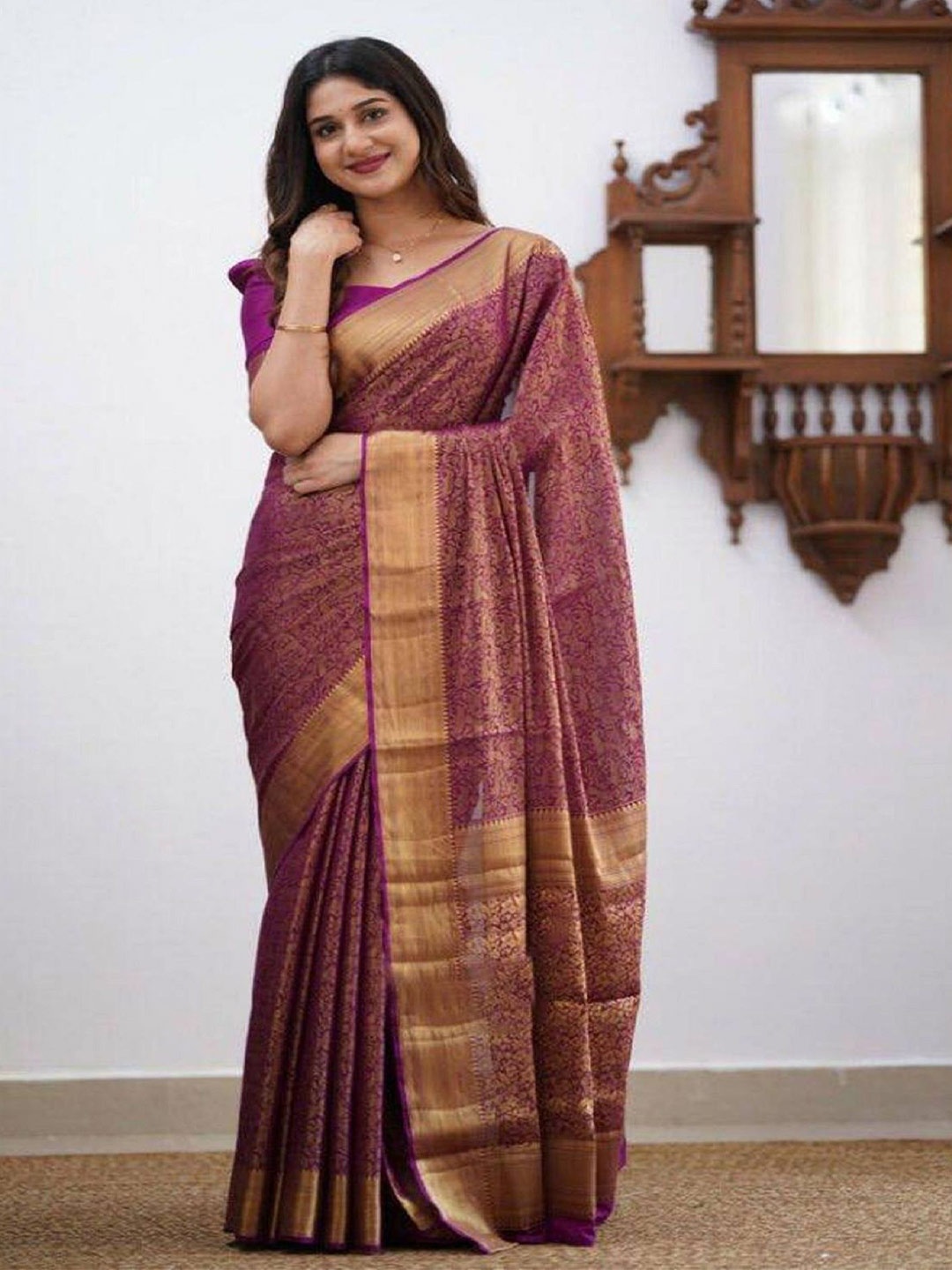 

LADY SHOPI Ethnic Motifs Zari Woven Pure Silk Banarasi Saree, Purple