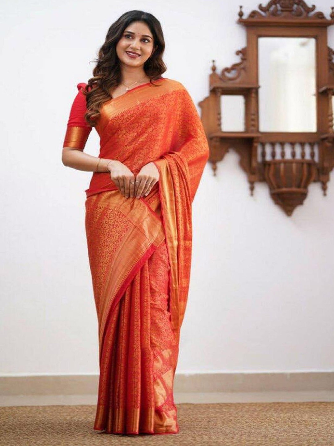 LADY SHOPI Woven Design Zari Pure Silk Banarasi Saree, Red