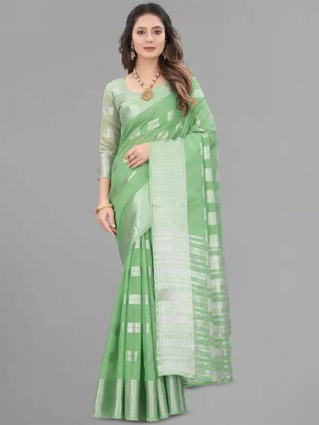 LADY SHOPI Ethnic Motifs Woven Design Zari Saree, Lime green