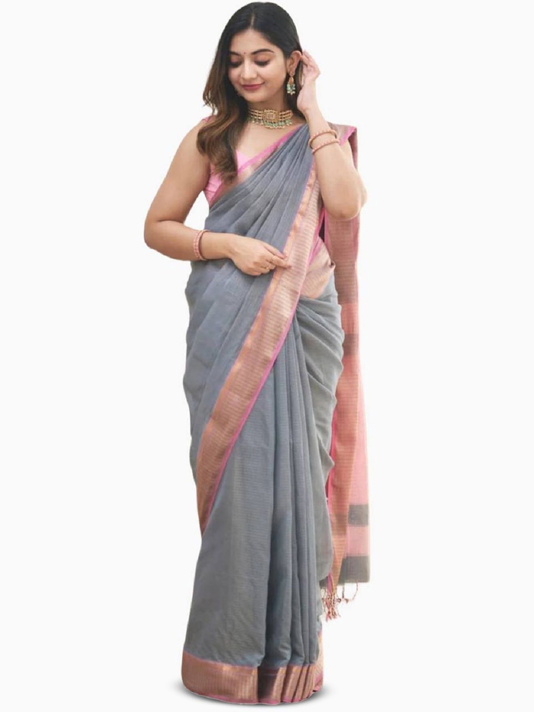 

LADY SHOPI Zari Solid Woven Design Saree With Blouse, Grey