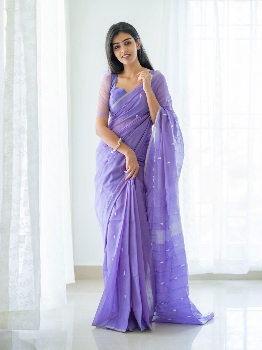 LADY SHOPI Woven Design Pure Linen Saree, Lavender