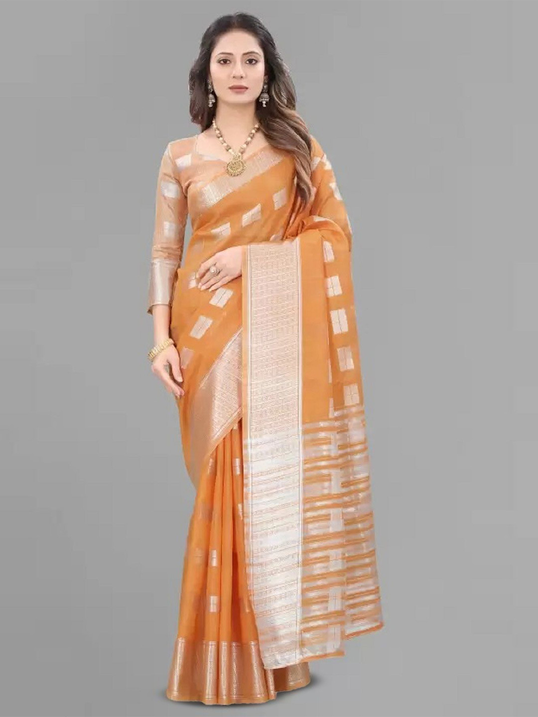 

LADY SHOPI Ethnic Motifs Woven Design Zari Saree, Orange