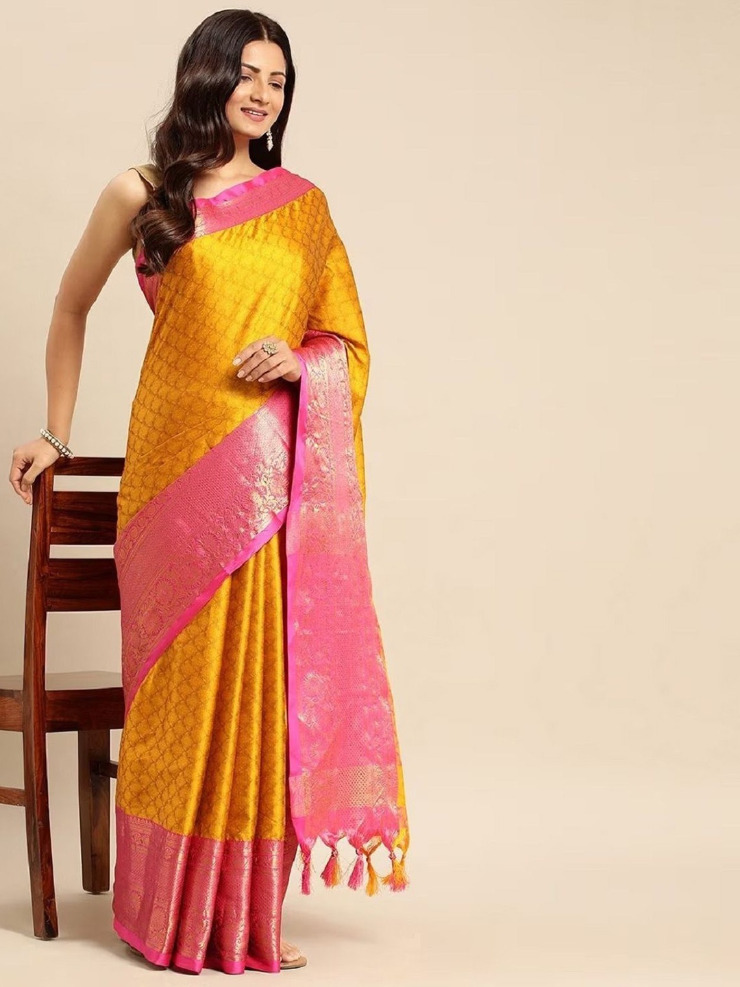 

LADY SHOPI Banarasi Silk Cotton Woven Design Zari Traditional Saree, Yellow