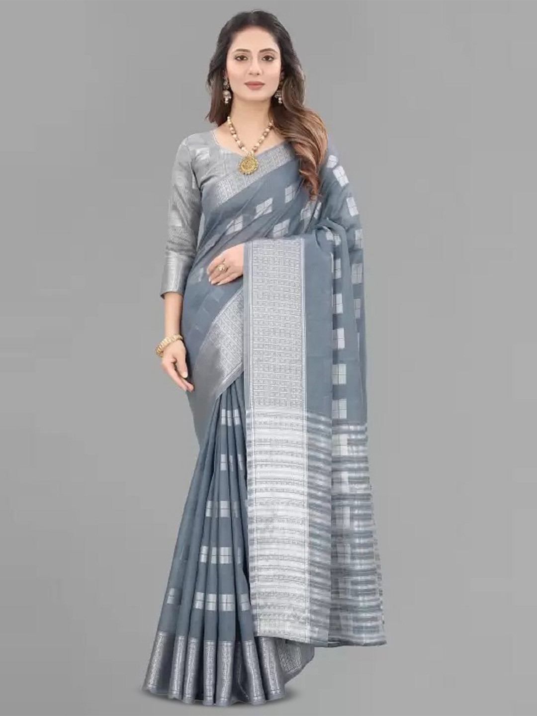 

LADY SHOPI Woven Design Zari Jute Cotton Saree, Grey