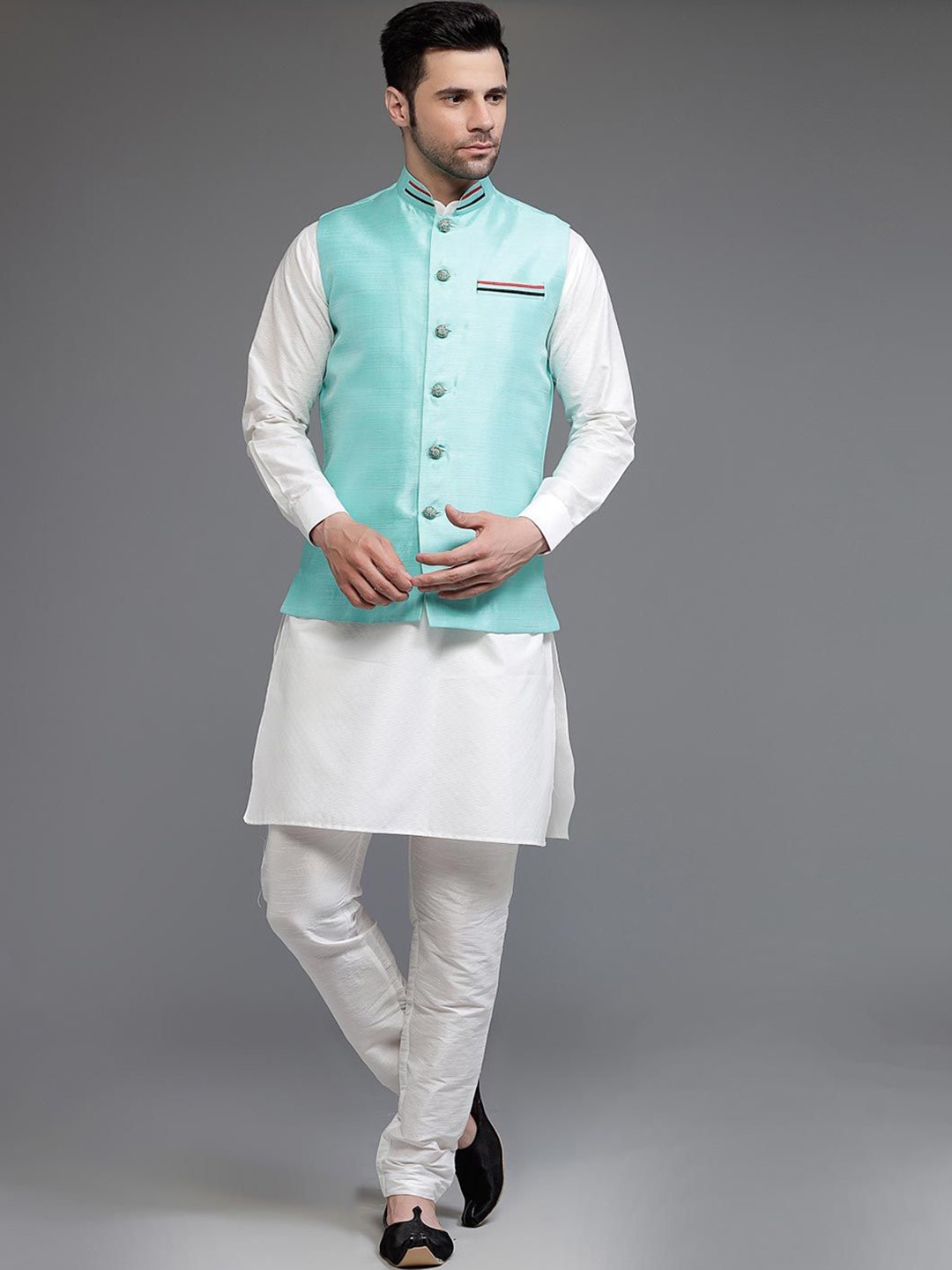 

Utsav Fashion Mandarin Collar Straight Kurta With Churidar & Nehru Jacket, Off white