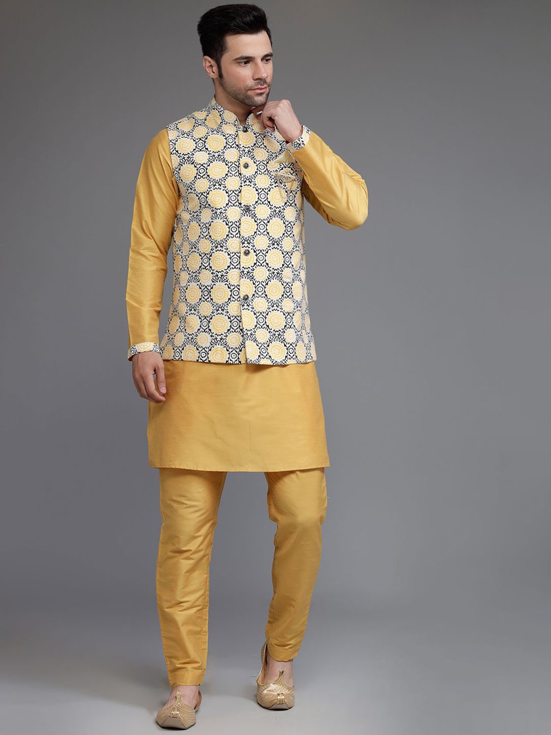 

Utsav Fashion Mandarin Collar Cotton Silk Straight Kurta With Trousers & Nehru Jacket, Mustard