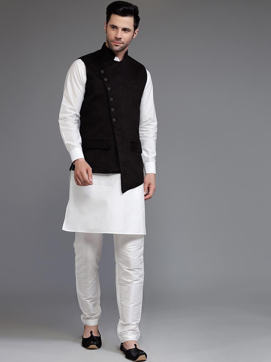 

Utsav Fashion Mandarin Collar Straight Kurta With Trousers & Nehru Jacket, Off white