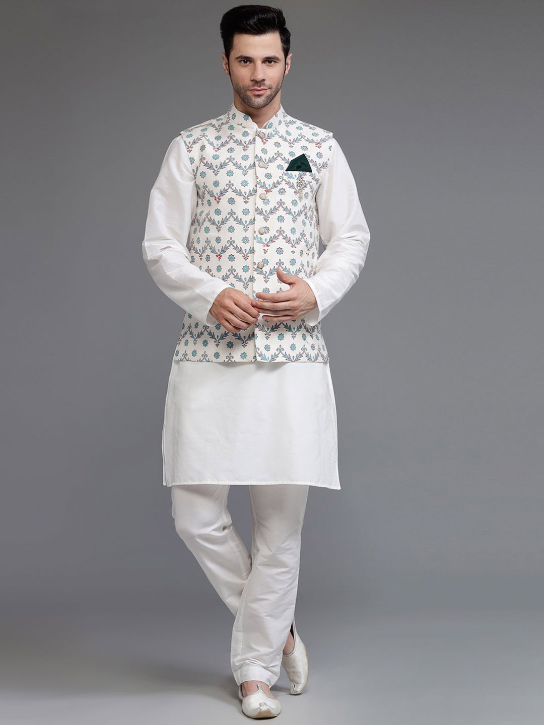 

Utsav Fashion Mandarin Collar Cotton Silk Straight Kurta With Trousers & Nehru Jacket, Off white