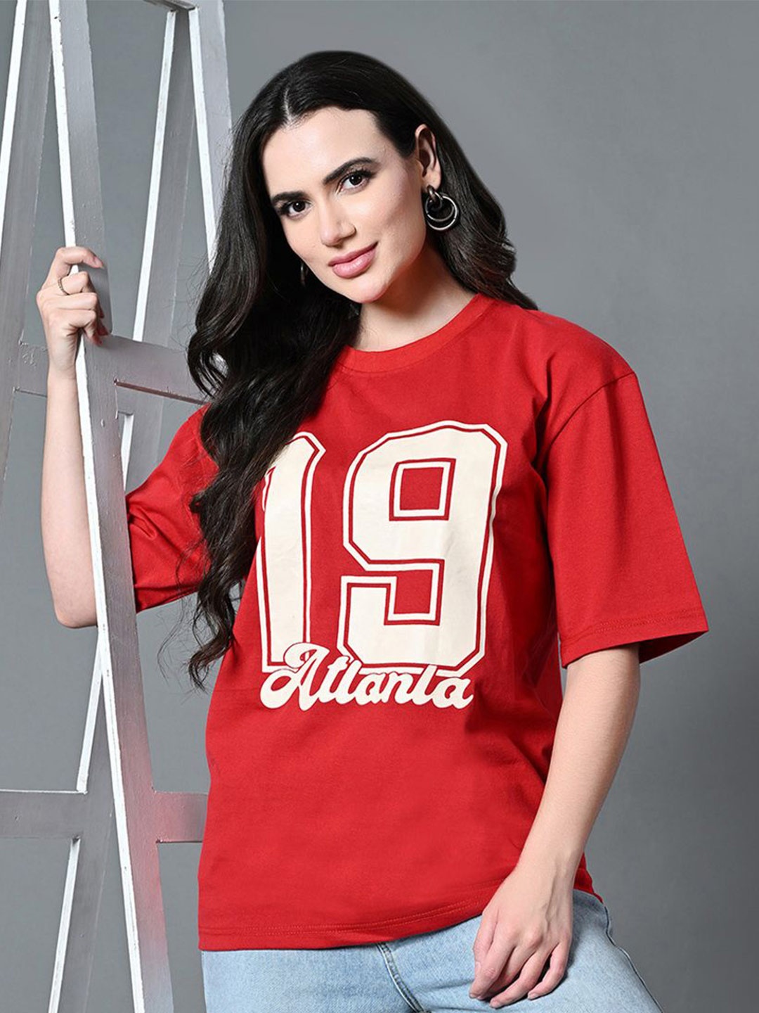 

The Roadster Lifestyle Co Printed Cotton Oversized Tshirts, Red