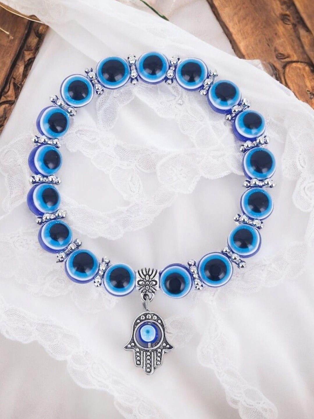 

fabula Hamsa Fatima Evil Eye Beaded Charm Bracelet, Blue