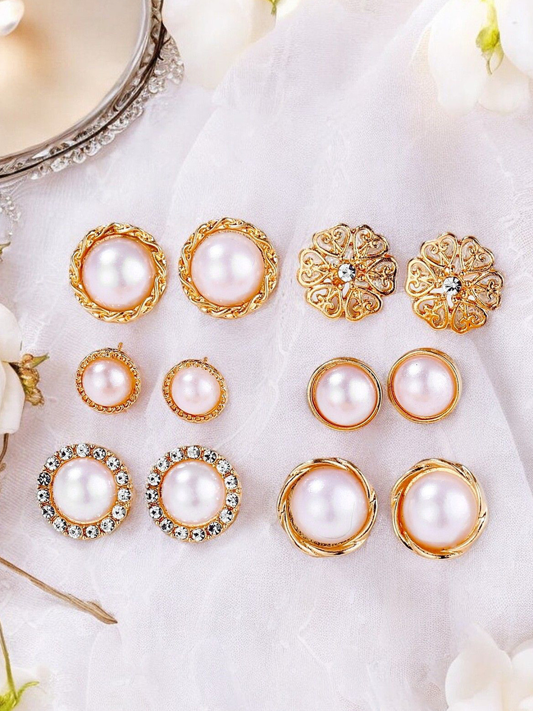 

fabula Set Of 6 Pearl Beaded Contemporary Studs, Gold