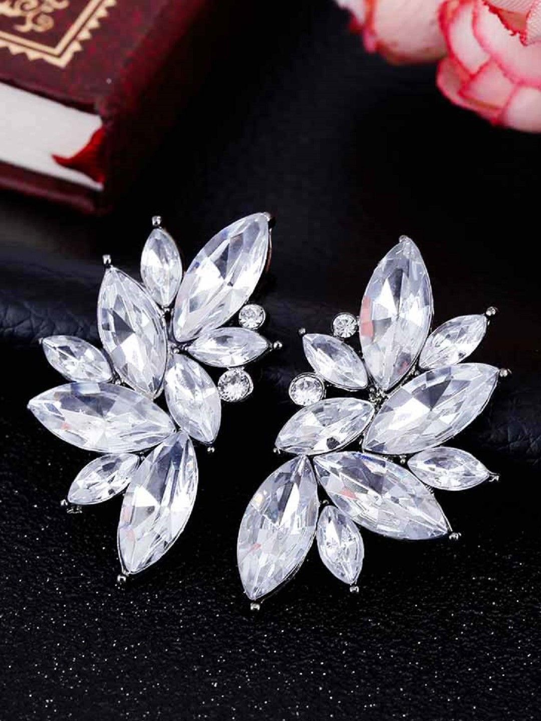 

fabula Cubic Zirconia Floral Studs Earrings, Silver