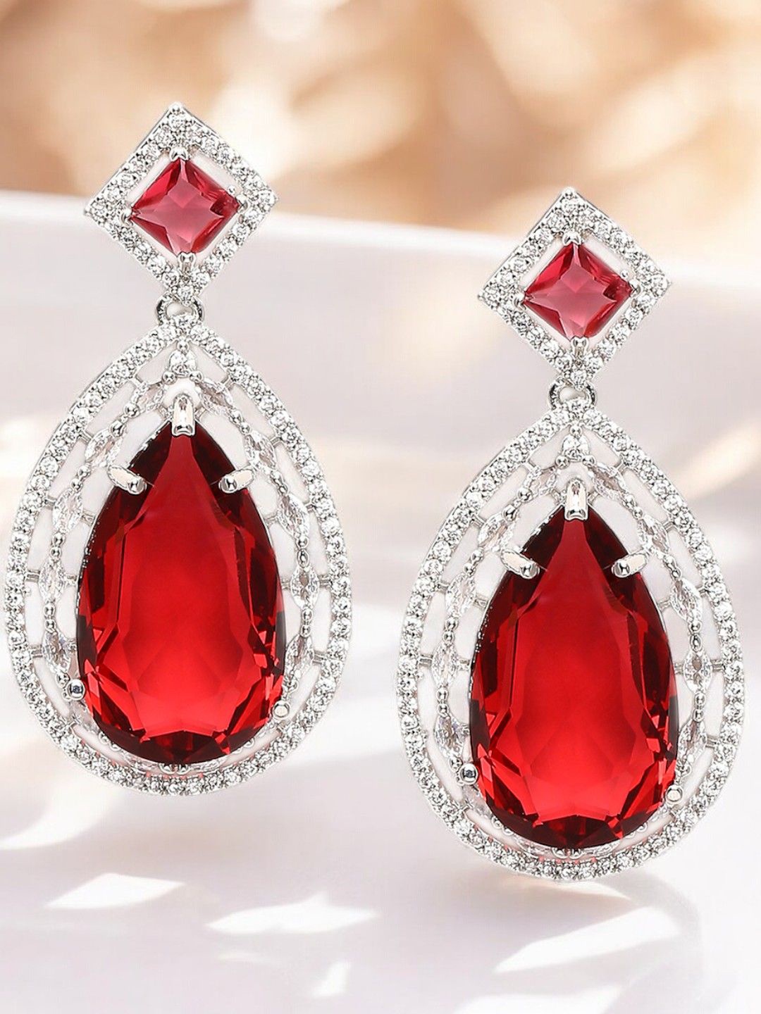 

fabula American Diamond Studded Contemporary Drop Earrings, Red