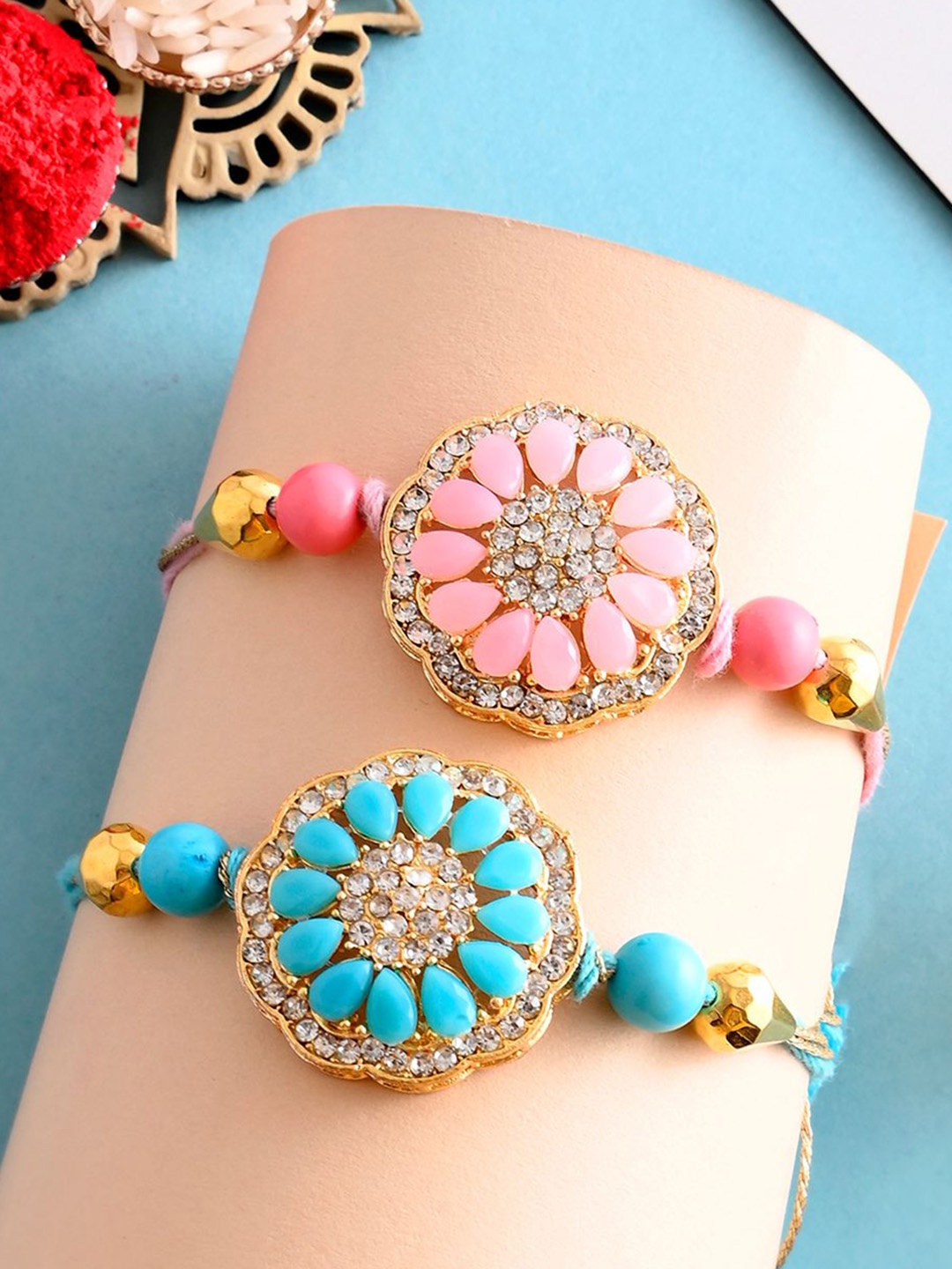 

Ascension Set of 2 Beaded Thread Rakhis with Roli Tilak, Blue